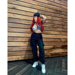 Casual Outdoor Elastic High-Waisted Black Cargo Joggers w/ Pockets & Hip Strap